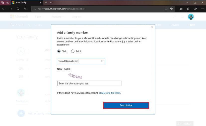 Creating a child account on your Microsoft account