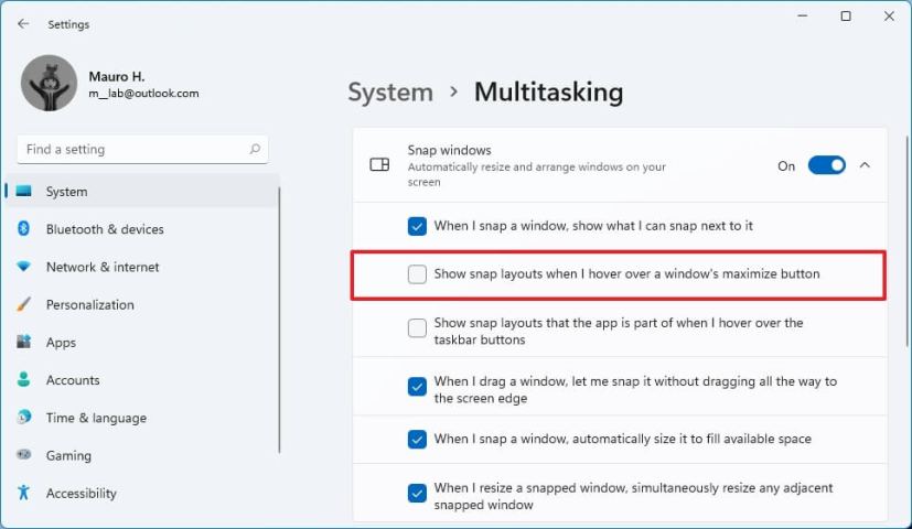 Disable Snap layouts in Windows 11