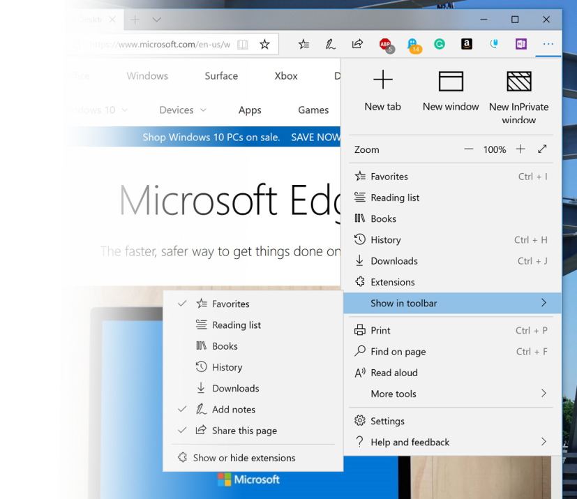 Microsoft Edge with new settings menu