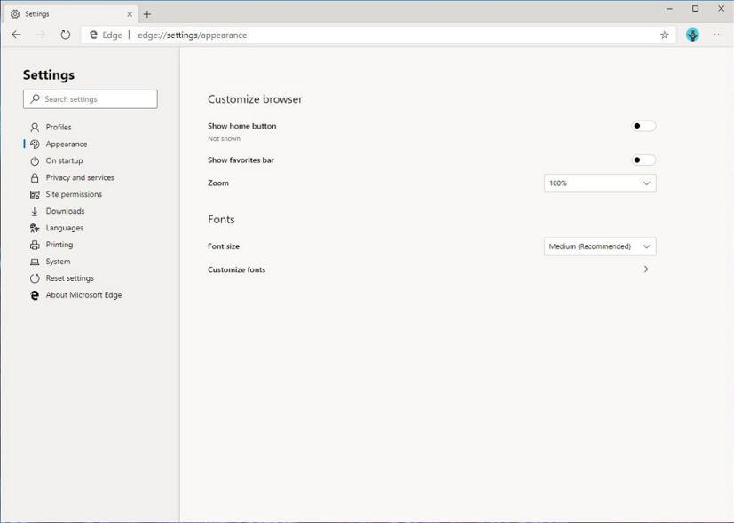 Microsoft Edge, Chromium, Appearance page