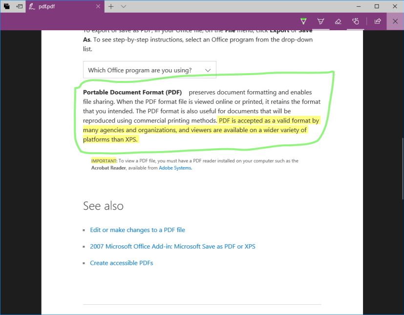 Microsoft Edge PDF annotation