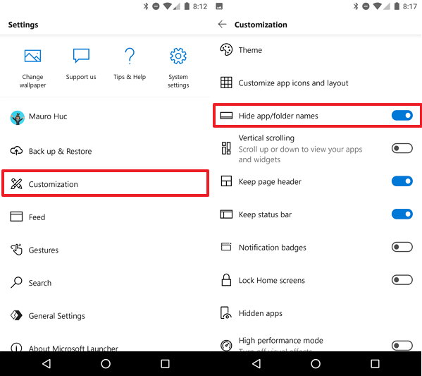 Microsoft Launcher hide apps name