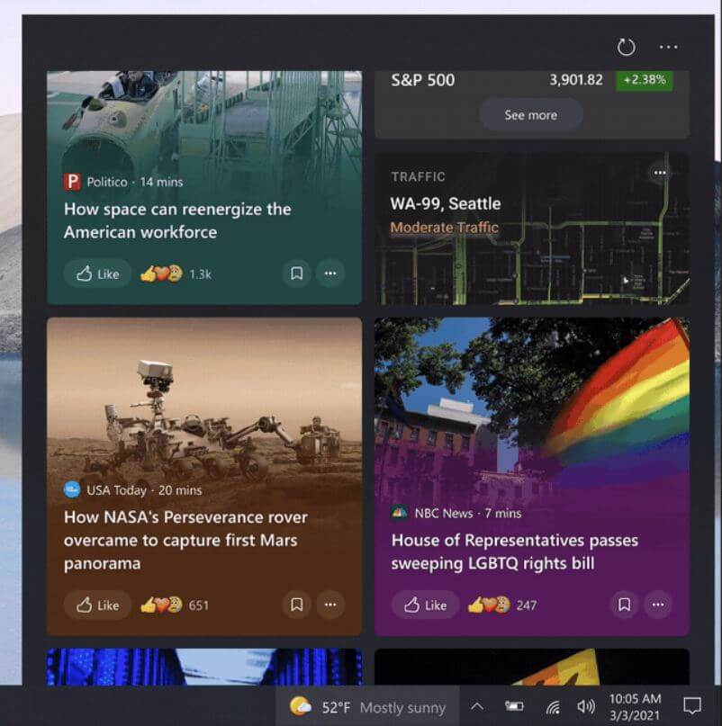 Taskbar News and interests build 21327