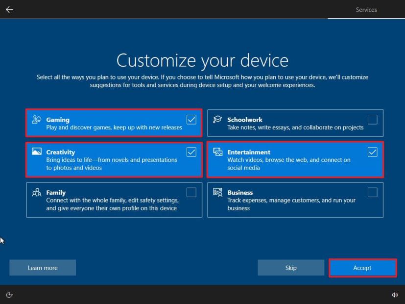 OOBE customize device usage settings