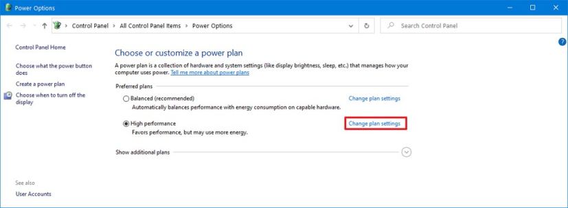 Power options change plan settings option