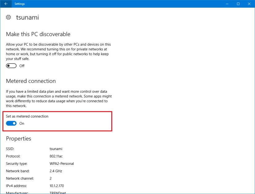 Wi-Fi settings, Set as metered connection
