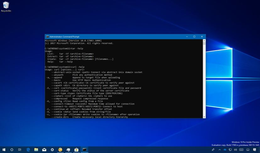 Tar and curl tools on Windows 10