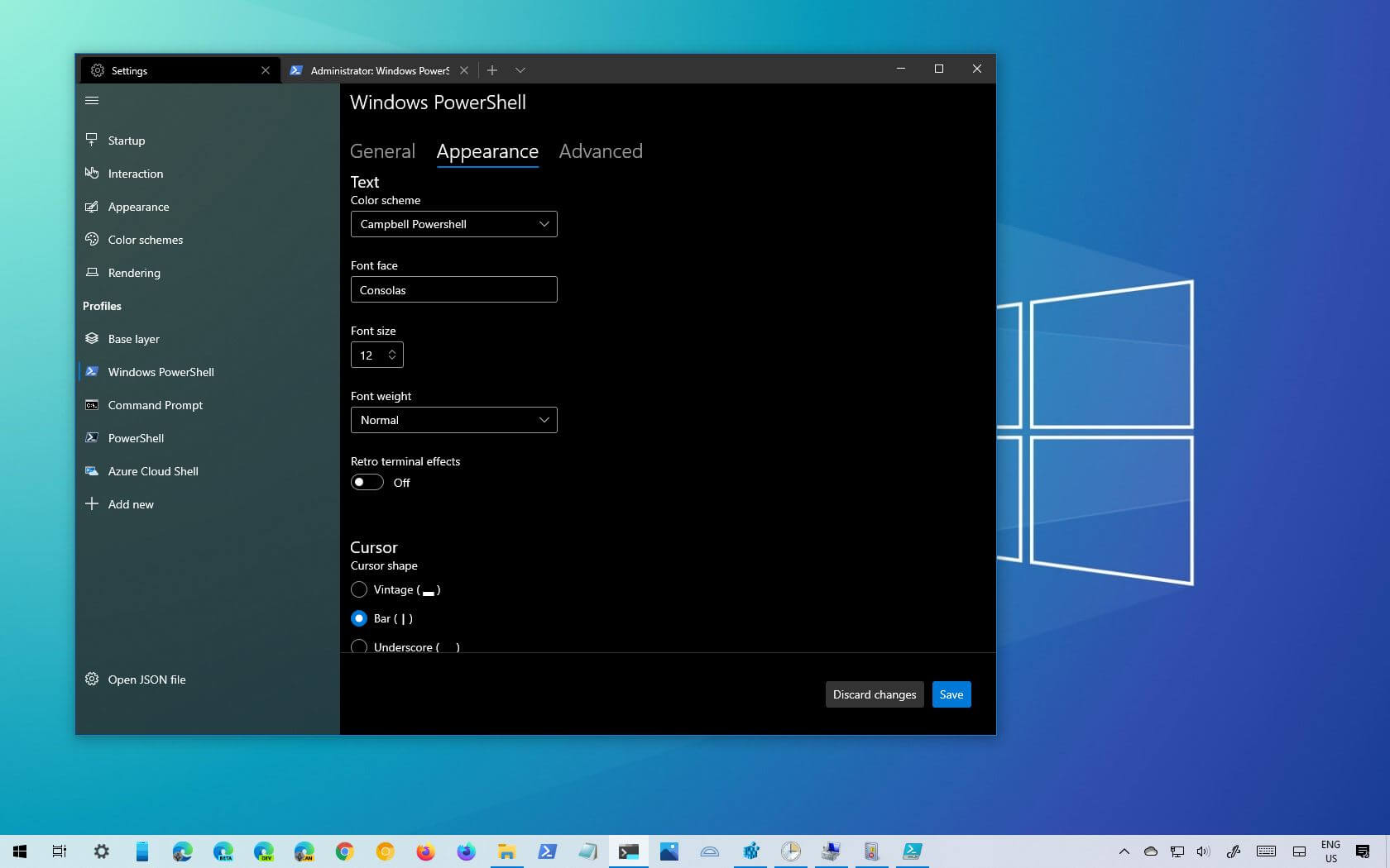 Windows Terminal settings UI